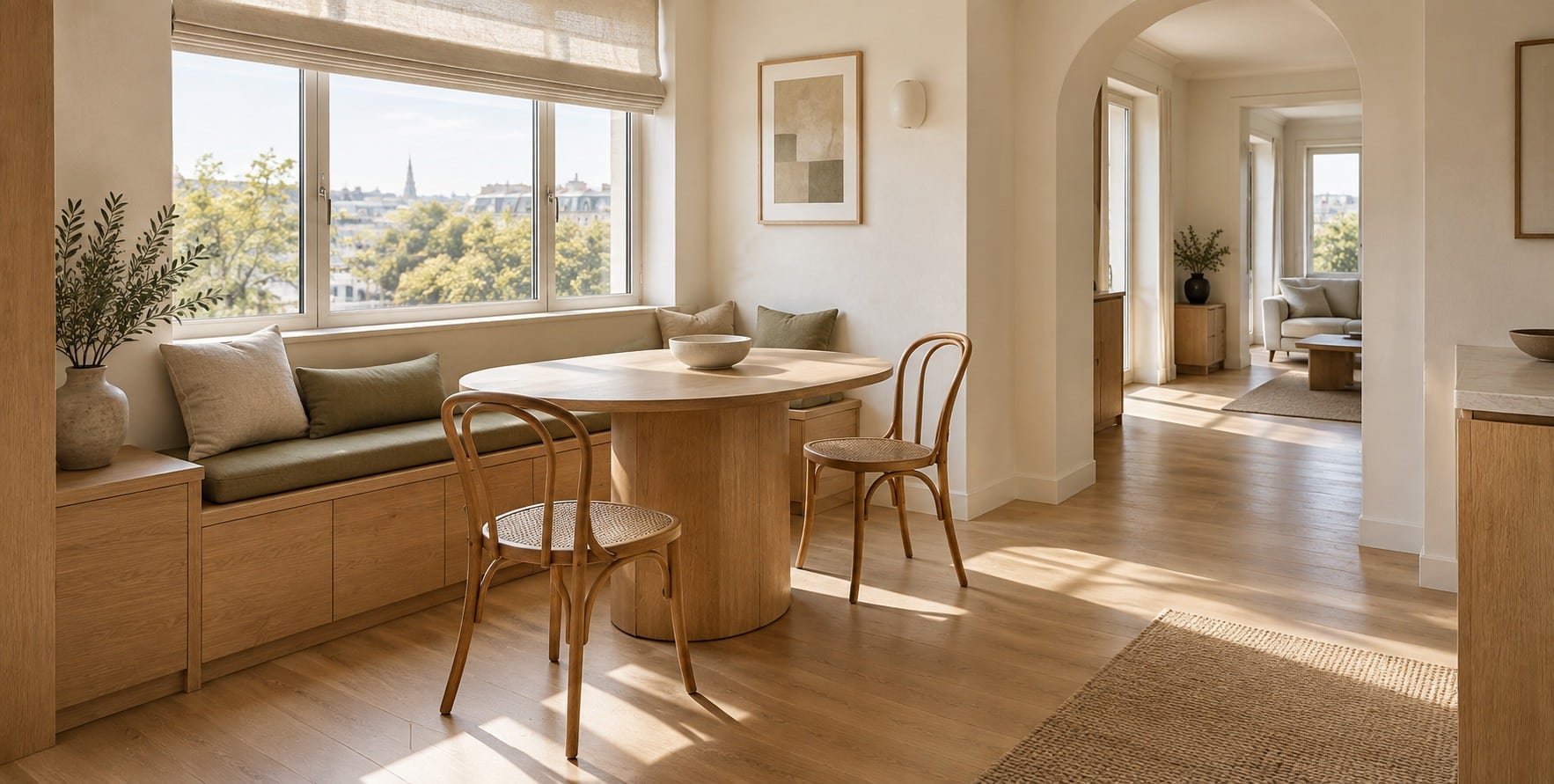 Coin repas aménagé avec banquette et rangements intégrés