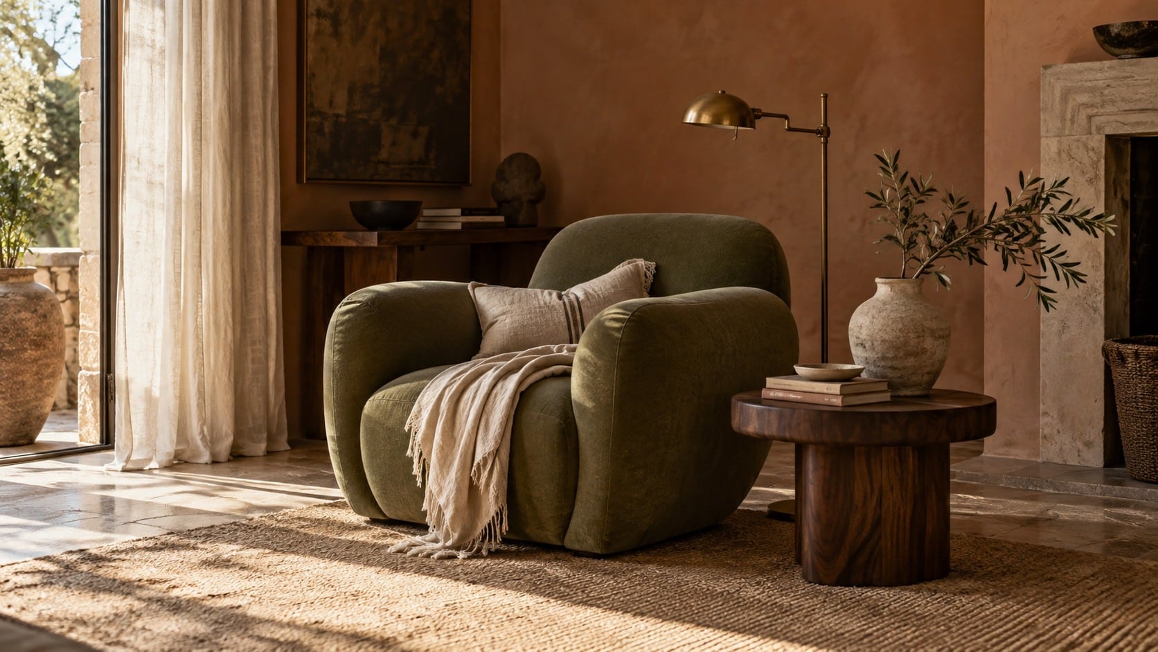 Fauteuil olive et table en noyer dans un coin lecture aux tons terre cuite